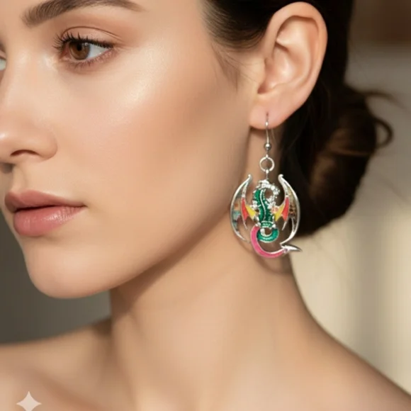 Dragon Dangle Earrings, Enamel Alloy Earrings, 3.3 cm. - Picture 8 of 8